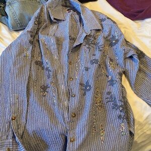 Pilcro Blue and White Striped Shirt embroidered and beaded